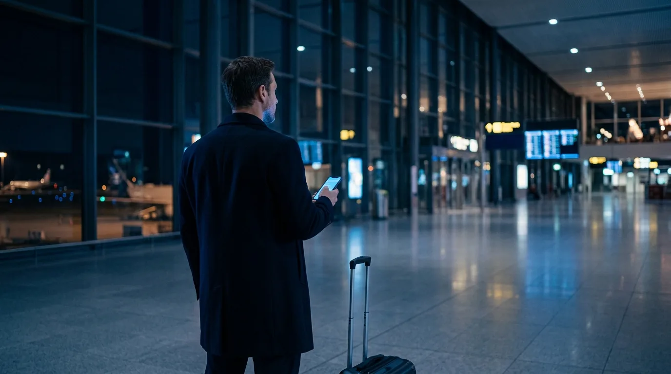 Duty of Care: Seyahat Eden Çalışanın Güvenliği Neden Stratejik Bir Konudur? Gece havalimanı terminalinde telefonuna bakan iş insanı