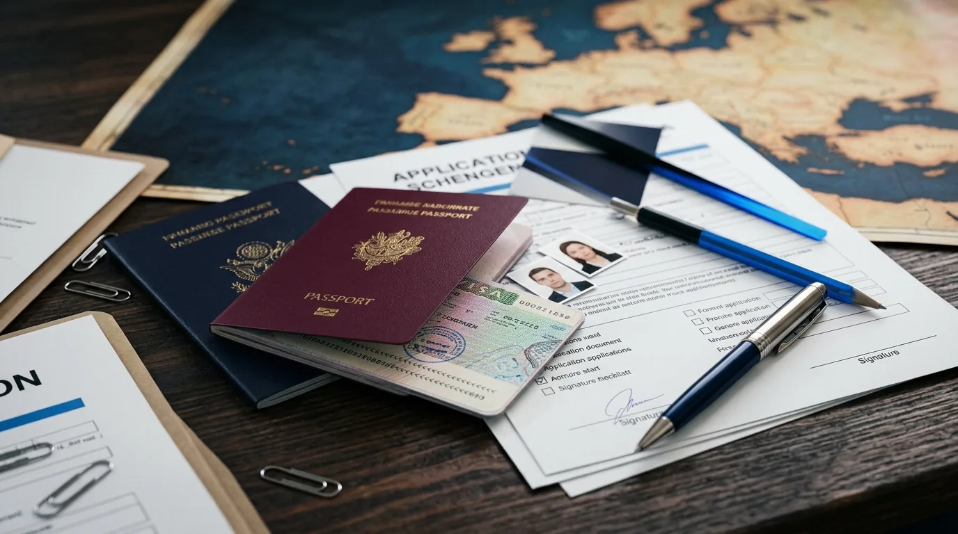 Schengen İş Vizesi 2026: Belgeler, Süreler ve Sık Yapılan Hatalar Masada pasaportlar, vize başvuru belgeleri ve Avrupa haritası