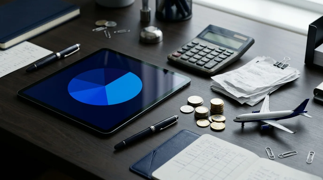İş Seyahatinde Maliyet Optimizasyonu: 10 Kanıtlanmış Yöntem Hesap makinesi, fişler ve tablet üzerinde seyahat harcama grafiği
